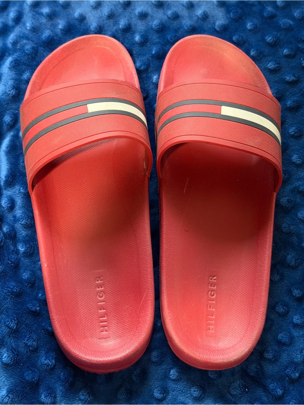Tommy Hilfiger Red Slide Sandals with Navy and White Stripe | Men’s Size 11